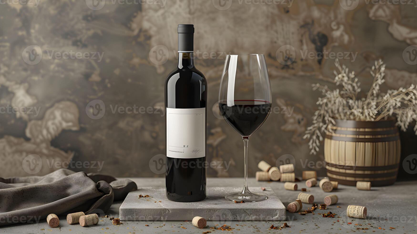A bottle of wine and a glass of wine on a table photo