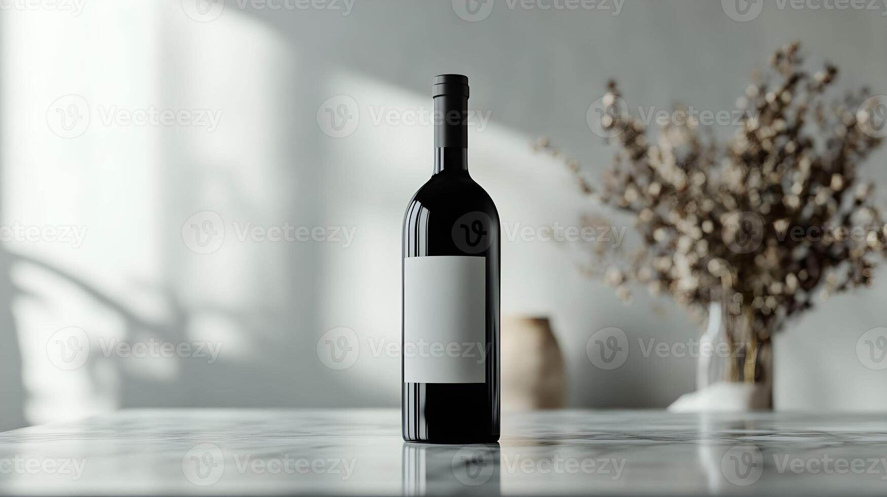 A bottle of wine sitting on a table in front of a vase photo