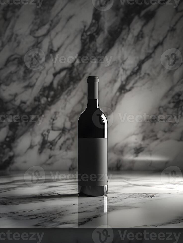 A bottle of wine is sitting on a marble counter photo