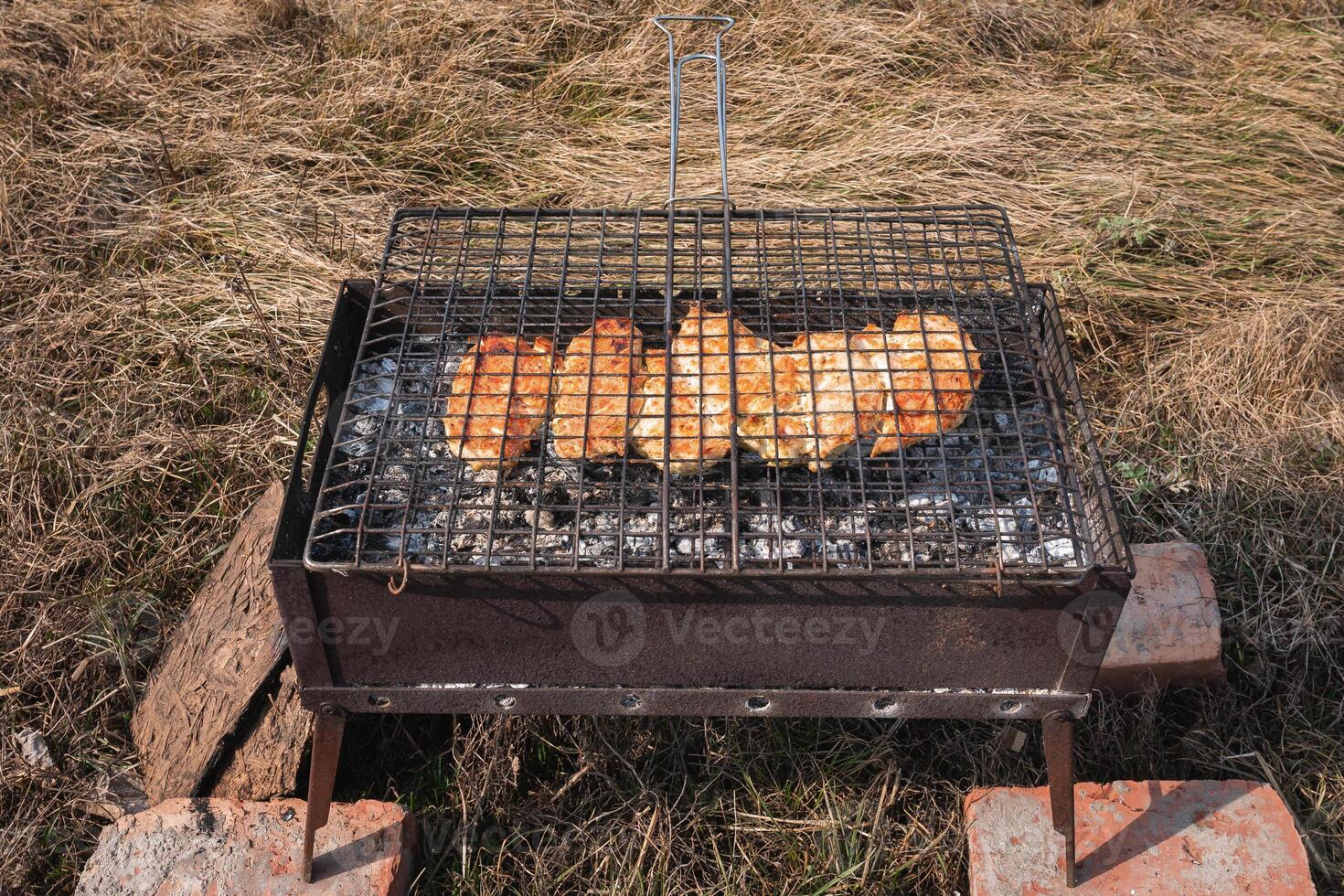 Chicken meat is grilled in a barbecue grill. Outdoor recreation photo