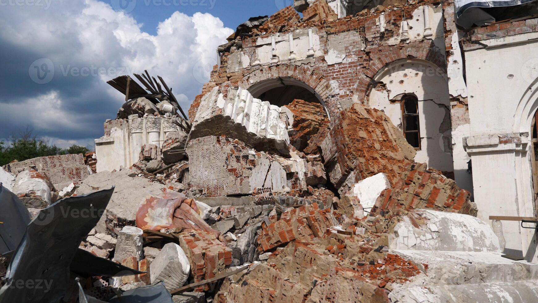 View to destroyed church at Kharkivska oblast. Ruined building after bomb attacks on ukrainian territory from russia army. Consequences of russian invasion of Ukraine. Slow motion photo