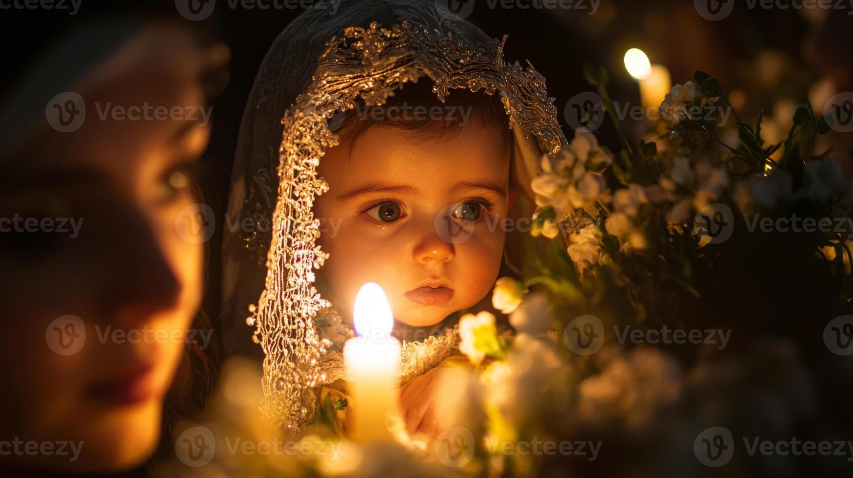 A serene moment of reflection with a child and candlelight during a traditional cultural festival photo