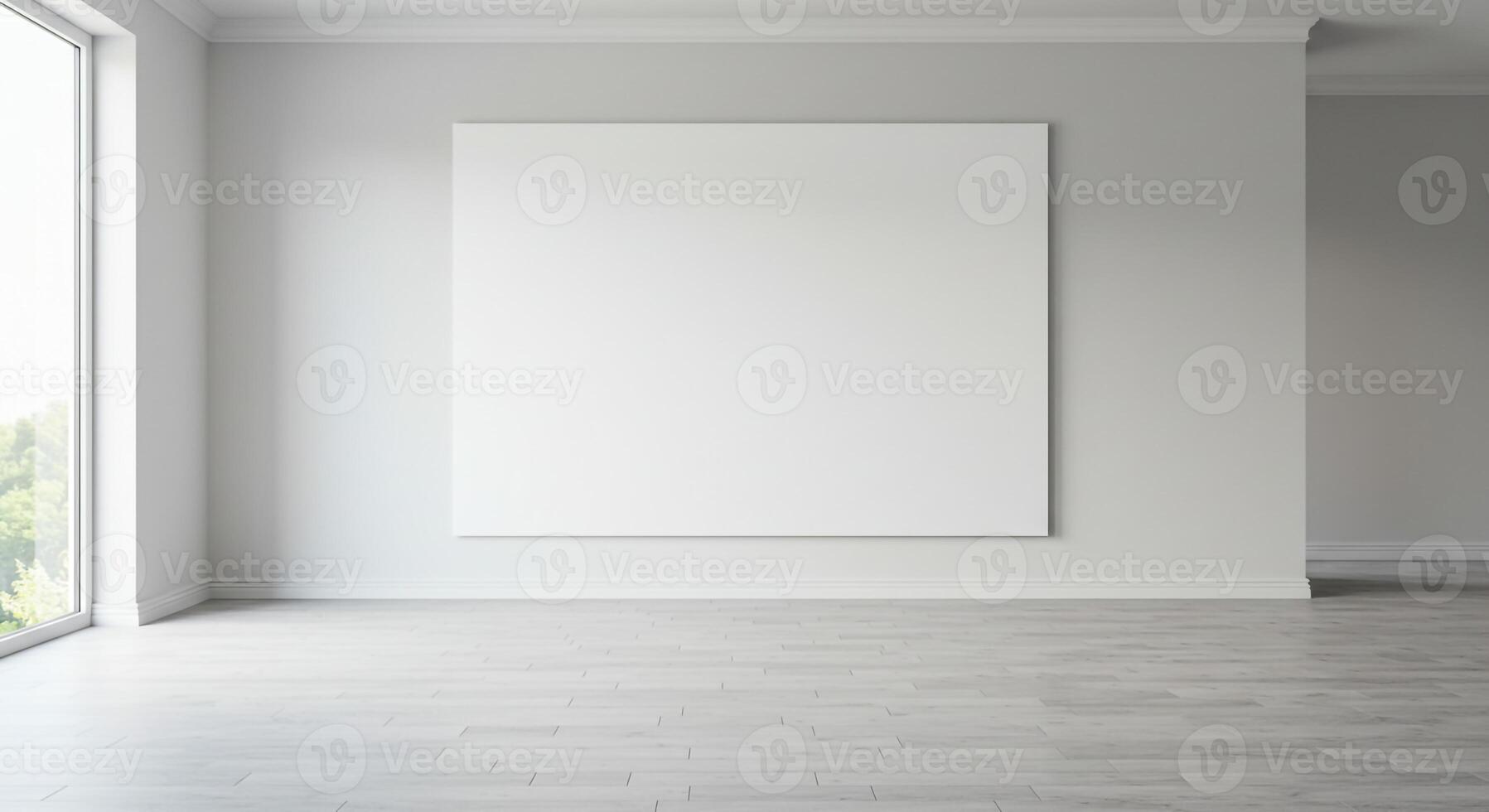 Empty room with white walls and a large blank canvas photo