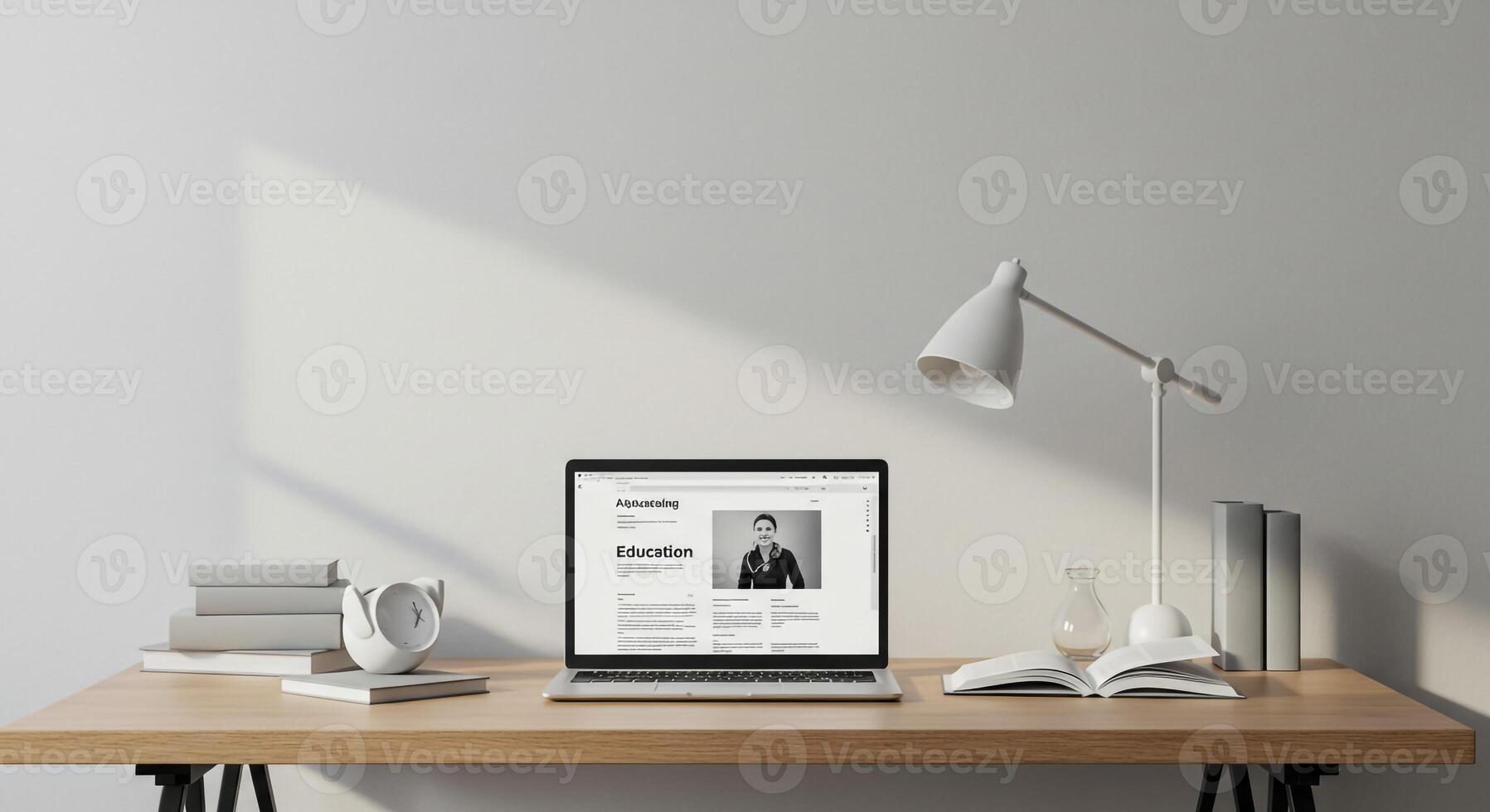 A laptop sits on a wooden desk with a lamp and books photo