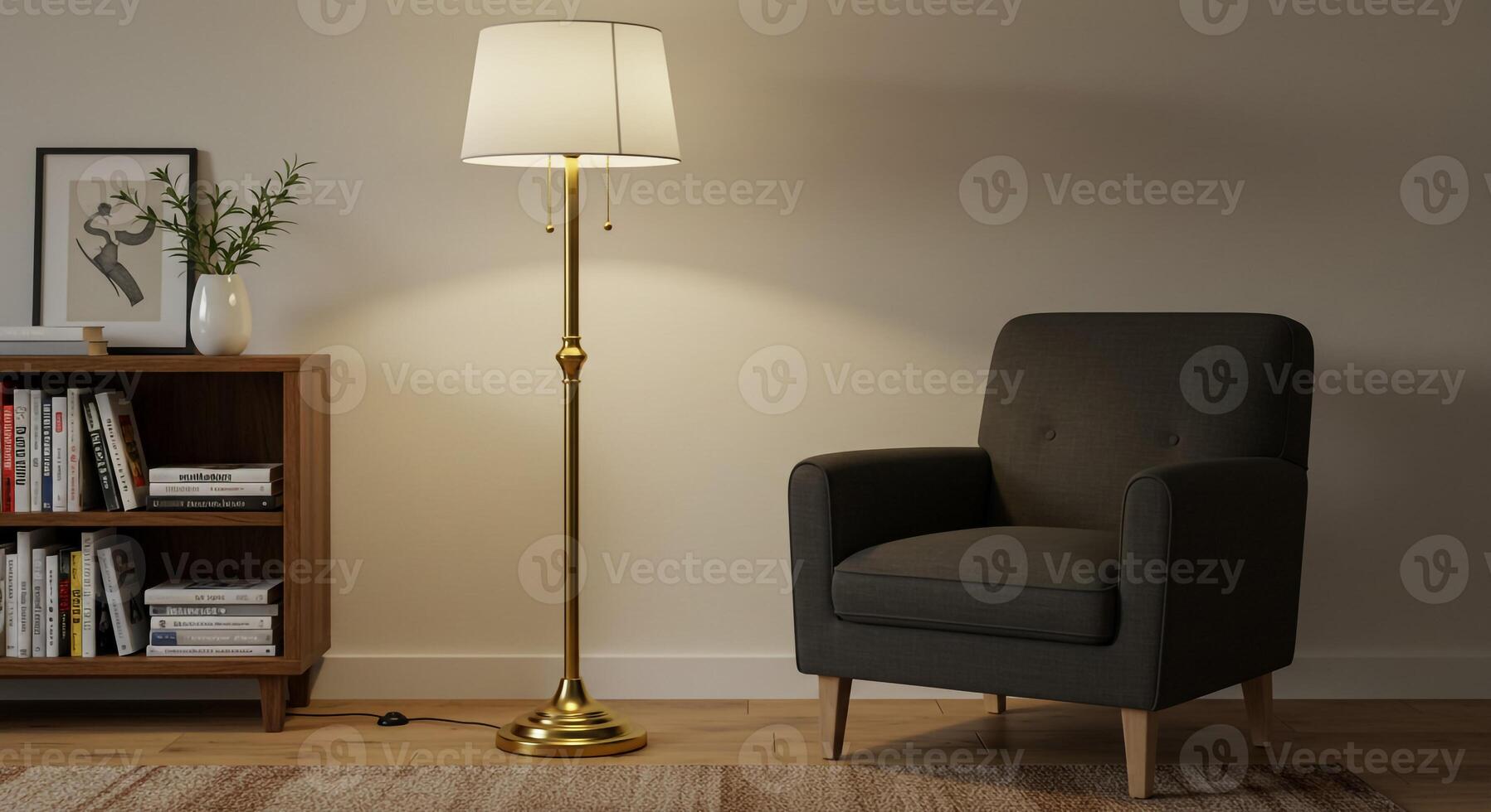 A chair and lamp in a room with a bookcase photo