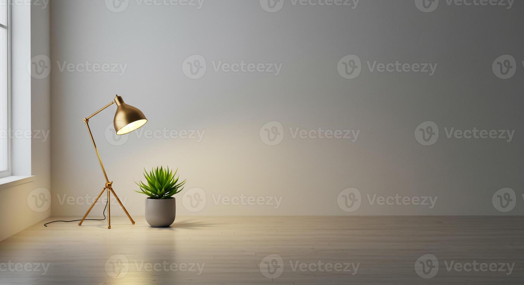 An empty room with a lamp and potted plant photo