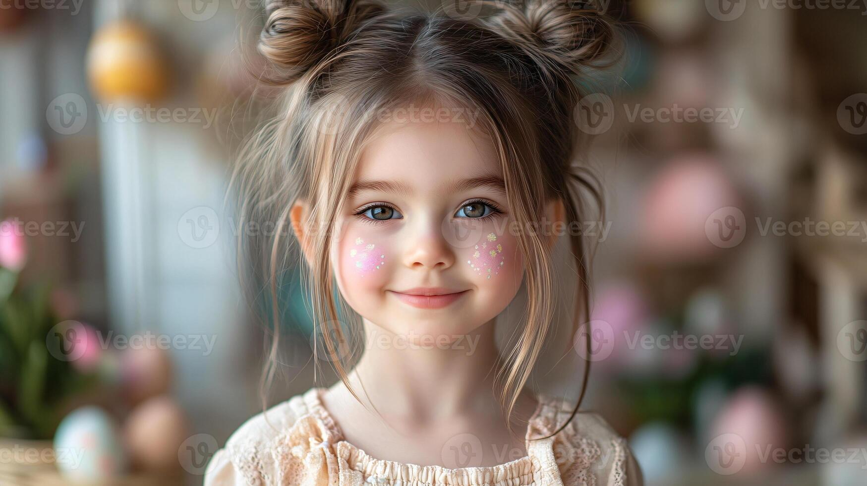 A cheerful little girl with an adorable Easter bunny face painting photo