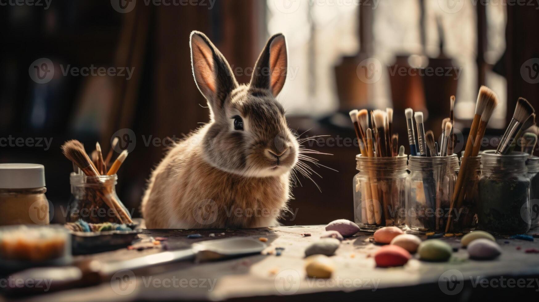 A charming, fluffy rabbit sits at a wooden table, holding a tiny artist's palette and a delicate paintbrush in its paws. photo