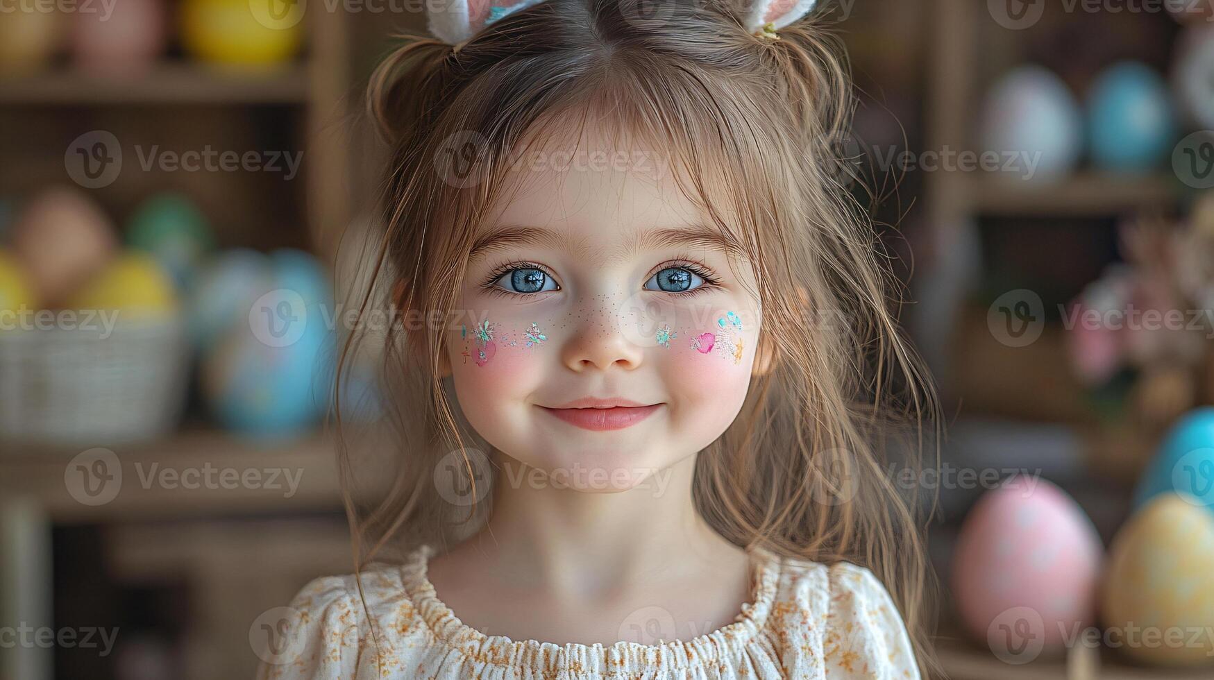 Adorable Girl with Bunny Ears and Easter Eggs in Spring Glow photo