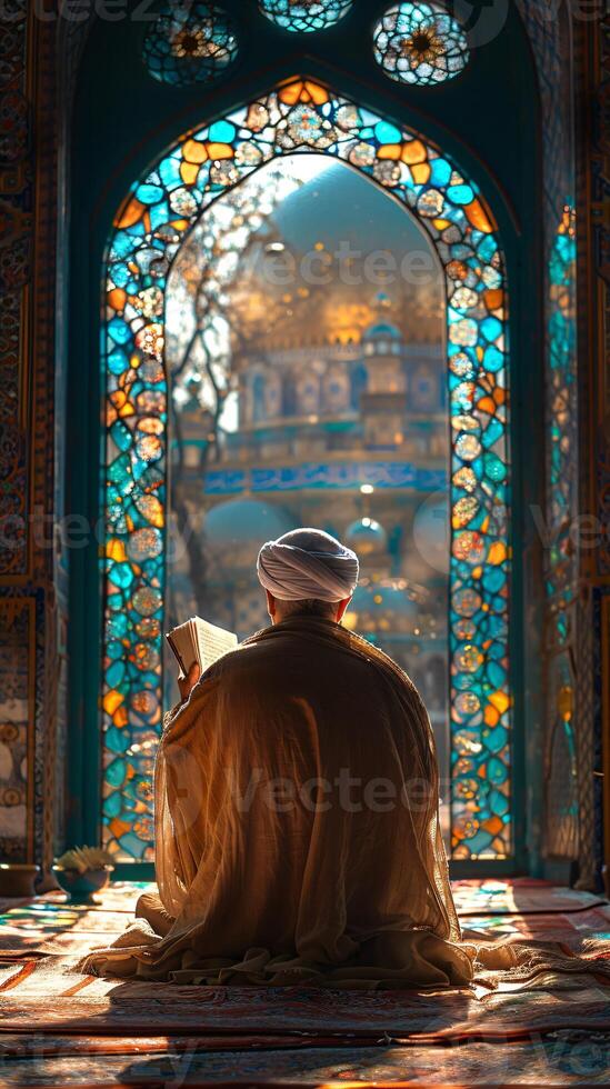 In a peaceful mosque, a Muslim man engages in Quran reading, finding solace in faith and prayer. photo