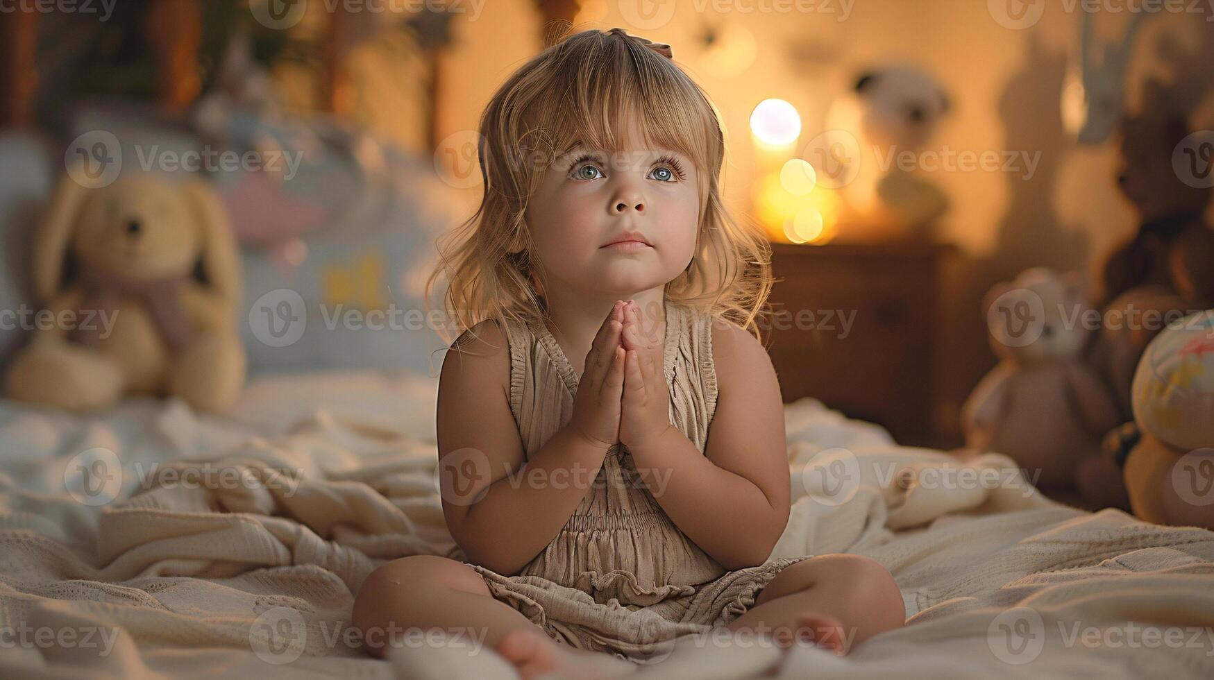 A scene of pure innocence and faith as a child prays in a softly lit bedroom photo