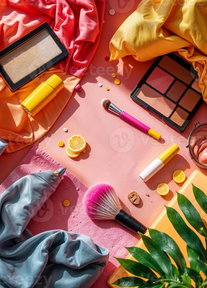 Flat lay composition with cosmetics and accessories on pink background. Top view. Summer Makeup Flatlay photo