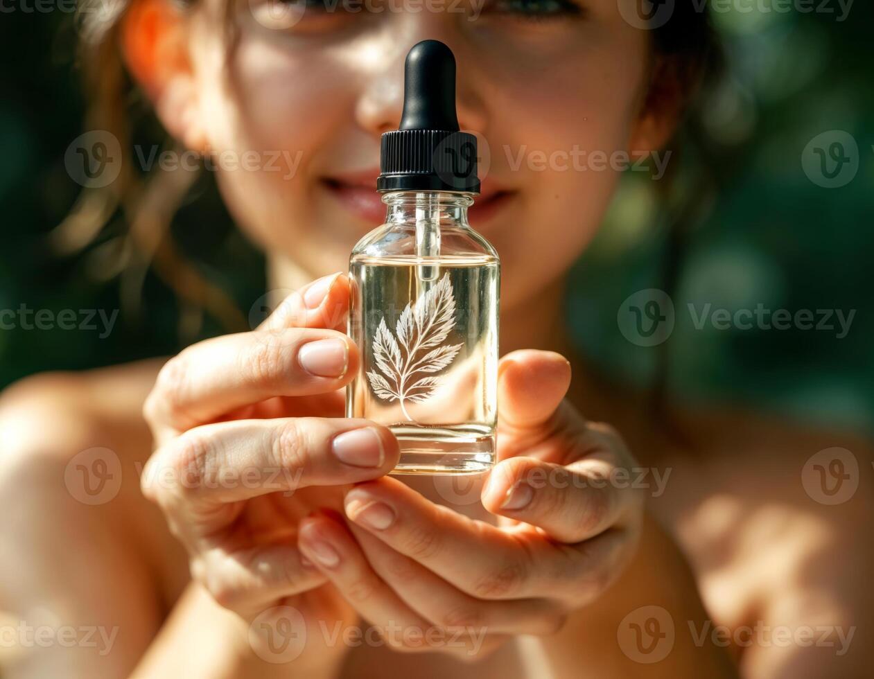 Beautiful young woman holding a bottle of essential oil in her hands. Natural Face Serum photo