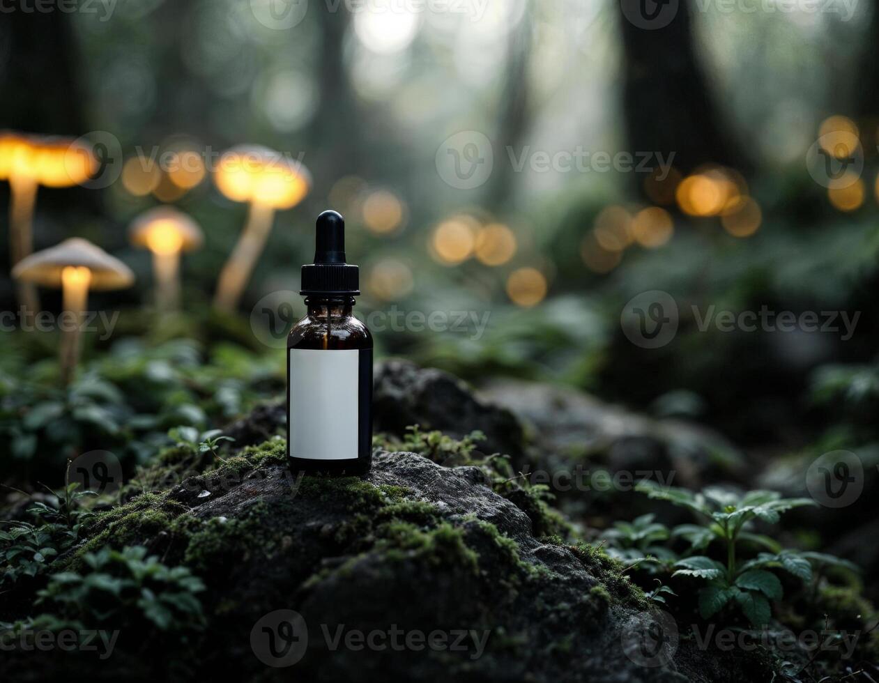A bottle of essential oil stands on a mossy stone in the forest. Forest Elixir photo