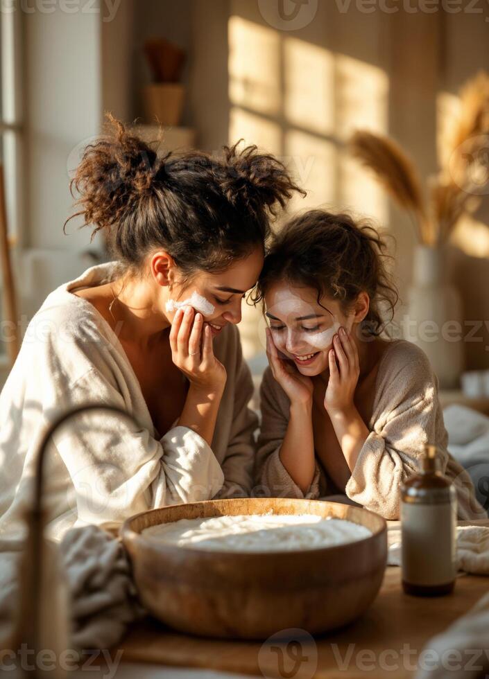 Beautiful young mother and daughter in bathrobes looking at each other and smiling while having skincare routines in the morning at home. Mother and Daughter Spa Day photo