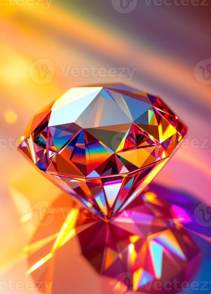 Shiny diamond on a colorful background. 3D rendering. Macro. Dazzling Rainbow Diamond photo