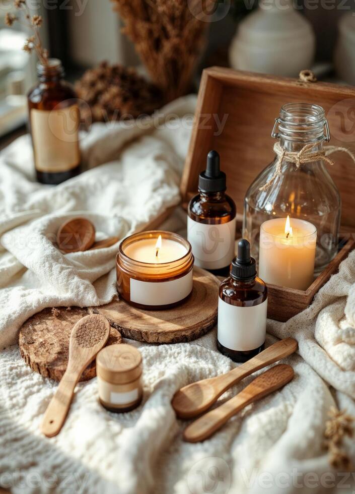 Spa still life with essential oil in glass bottles, candles and wooden spoons. Cozy Autumn Spa Essentials photo
