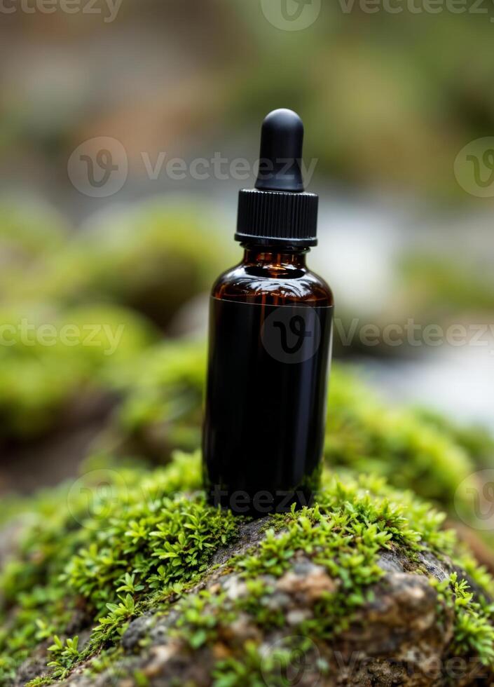 Essential oil in a small bottle on a mossy stone. Essential Oil in Nature photo