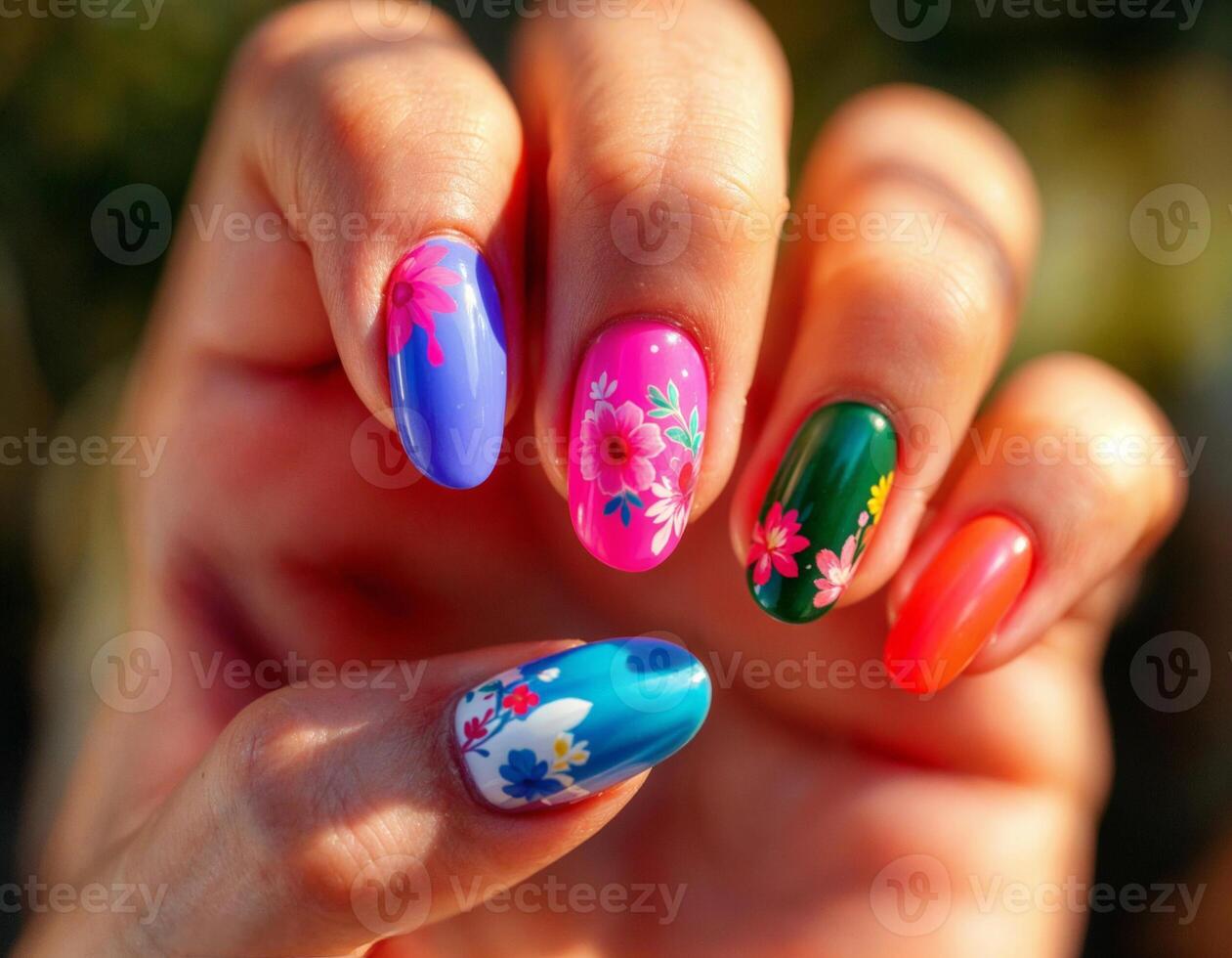 Female hand with bright multicolored nail design. Nail art. Floral Summer Nails photo