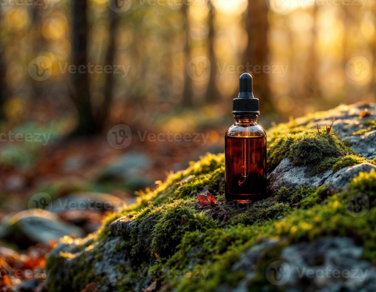 Aromatherapy essential oil in small glass bottle on mossy stone in autumn forest. Essential Oil in Forest Setting photo