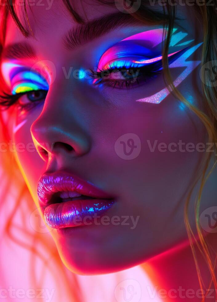 Close-up portrait of a beautiful young woman with bright makeup. Neon Dream Makeup photo