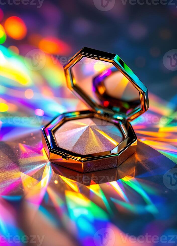 Beauty hilighter compact box with a diamond shaped on a background of colored lights. Prismatic Highlighter photo