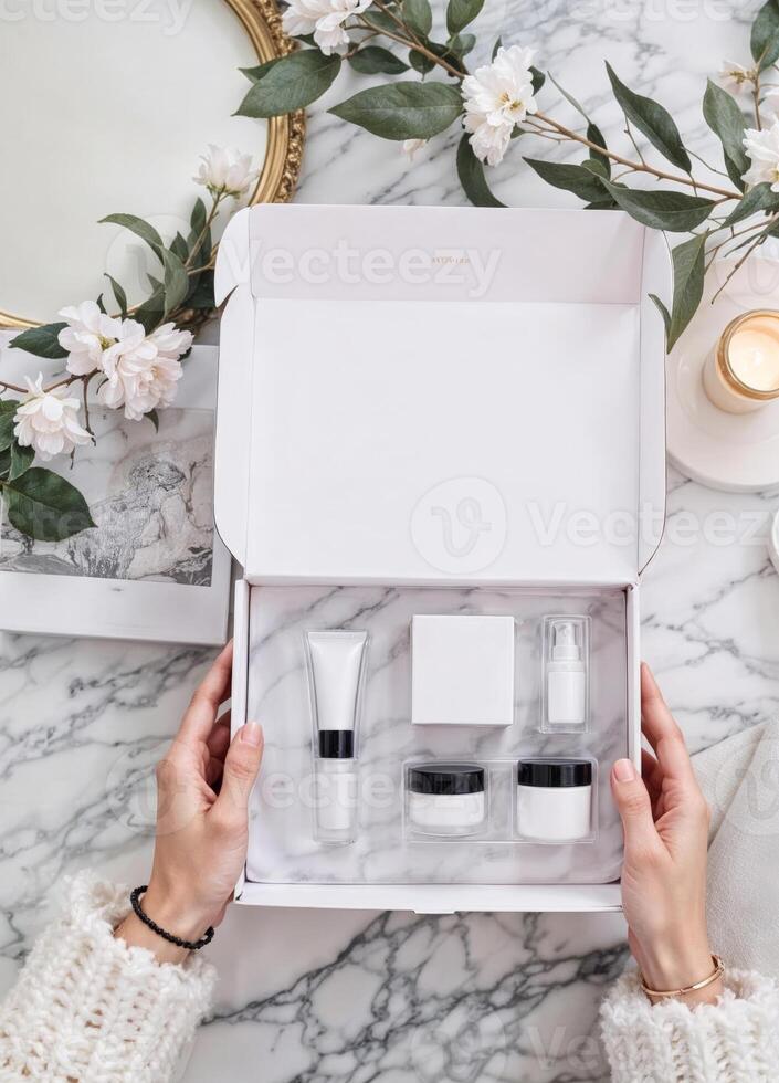 Top view of woman's hands holding cosmetic products in gift boxle table. Luxury Skincare Gift Set photo