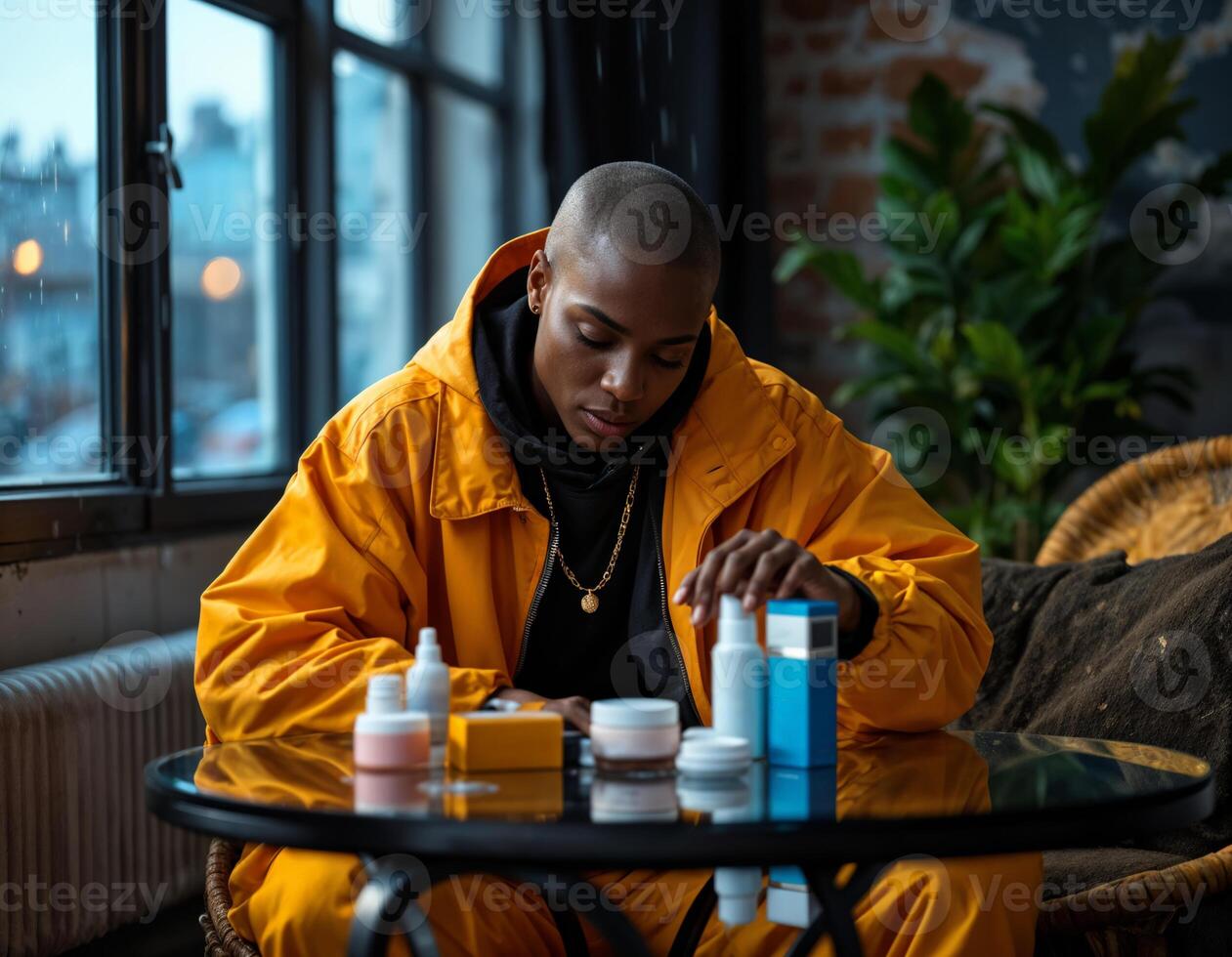 African american woman in yellow raincoat sitting at table with cosmetic products. Woman in Yellow Jacket Examining Skincare Products photo
