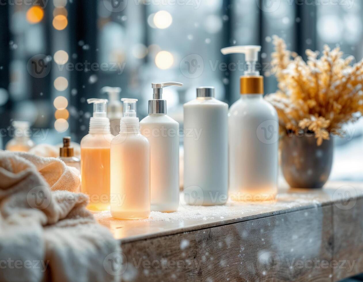 cosmetic bottles on the table in the bathroom, skin care concept. Cozy Winter Skincare photo