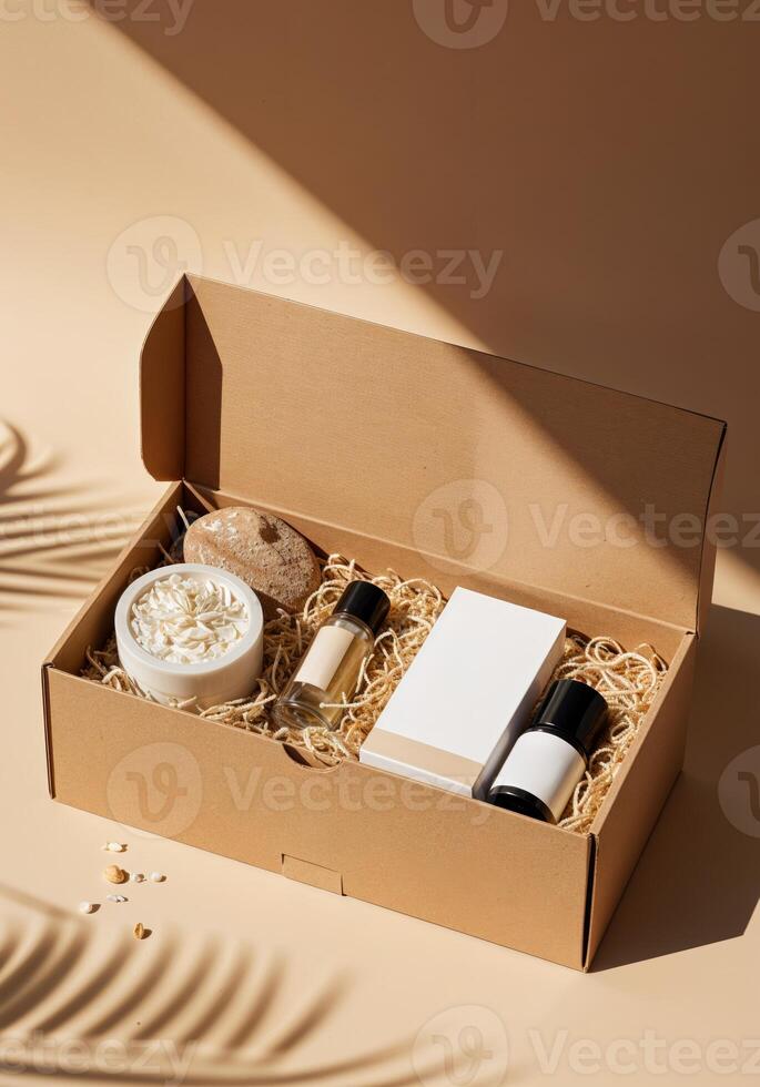 cardboard box with cosmetic products and palm leaf shadow on beige. Luxury Gift Set in EcoFriendly Box photo