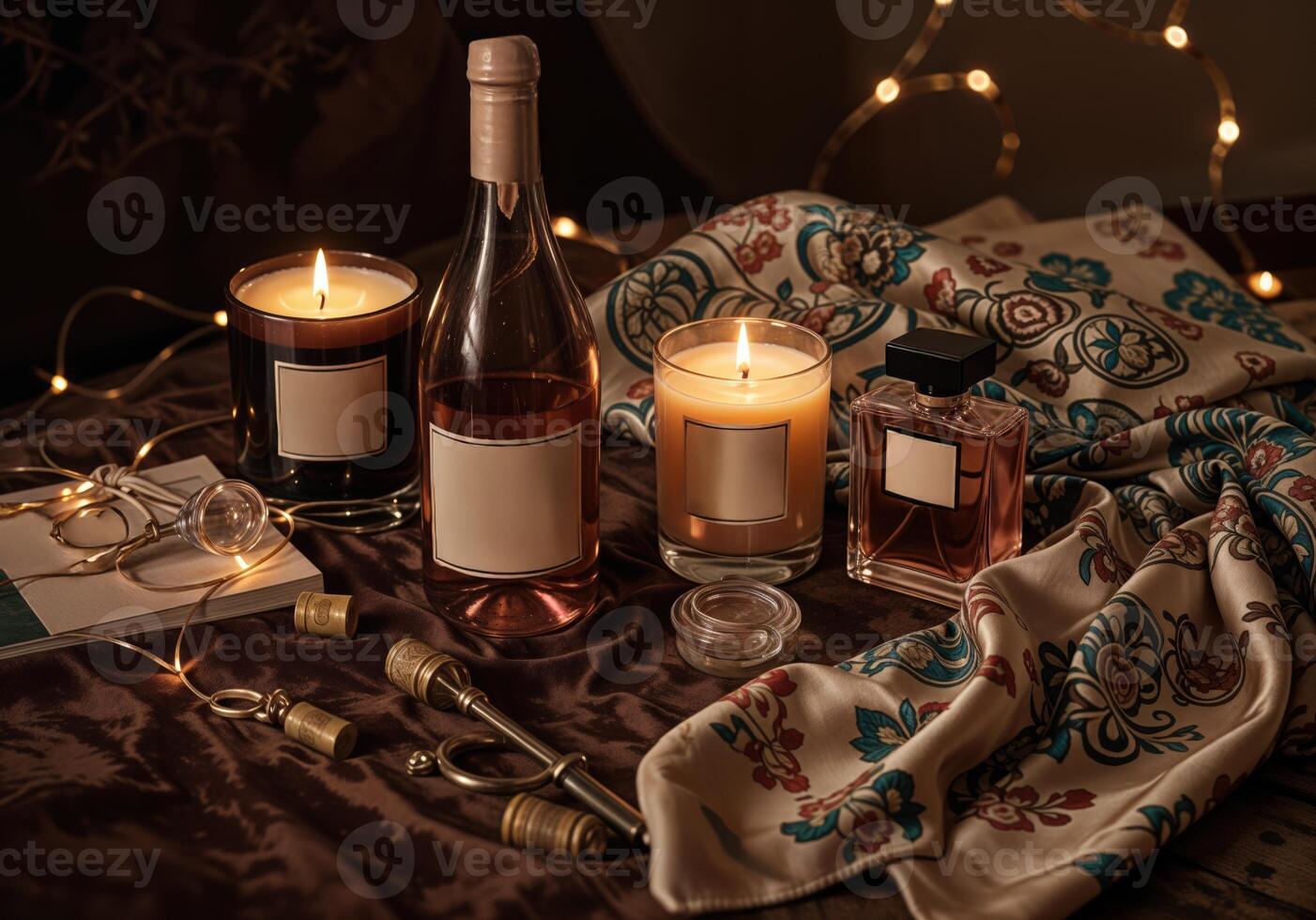 A bottle of wine, a glass and candles on a dark background. Cozy Candlelit Evening photo