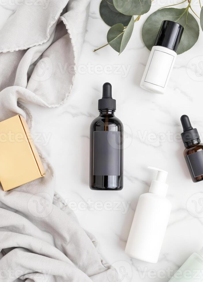 Flat lay, top view beauty branding mock-up. Skincare serum or oil bottle with blank labelle background. Luxury Skincare Product Mockup photo