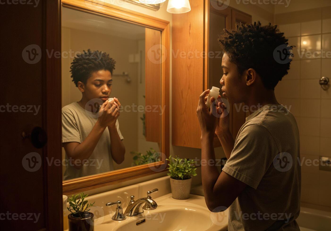boy applying night skincare routine in front of mirror in bathroom. Nightly Skincare Routine photo