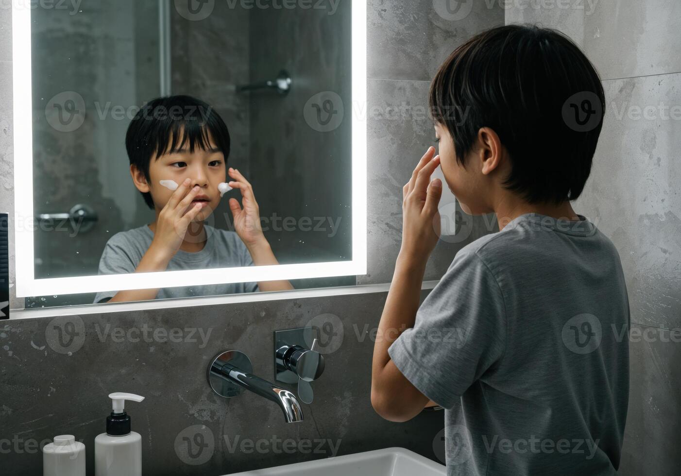 Asian boy applying face cream in front of the mirror in the bathroom. Boy washes his face in the bathroom photo