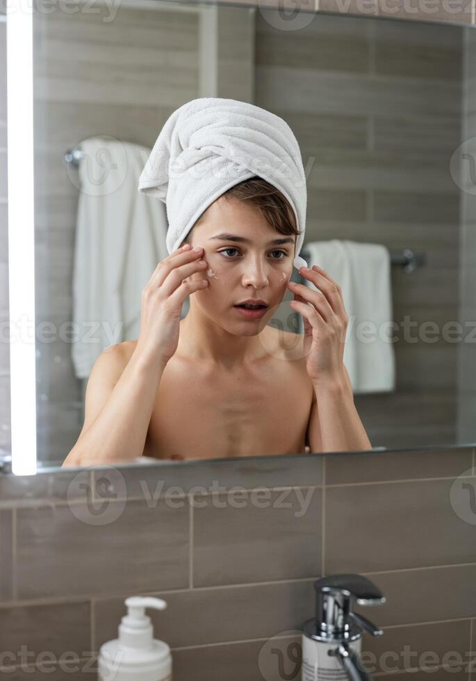 boy applying face mask in front of mirror with towel on his head in bathroom. Boy applying face mask photo