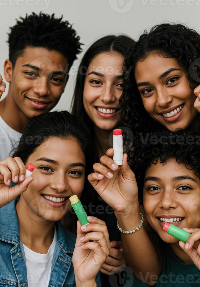 Group of multiethnic young people holding eco friendly lip balms isolated on grey. Friends with Lip Balm photo