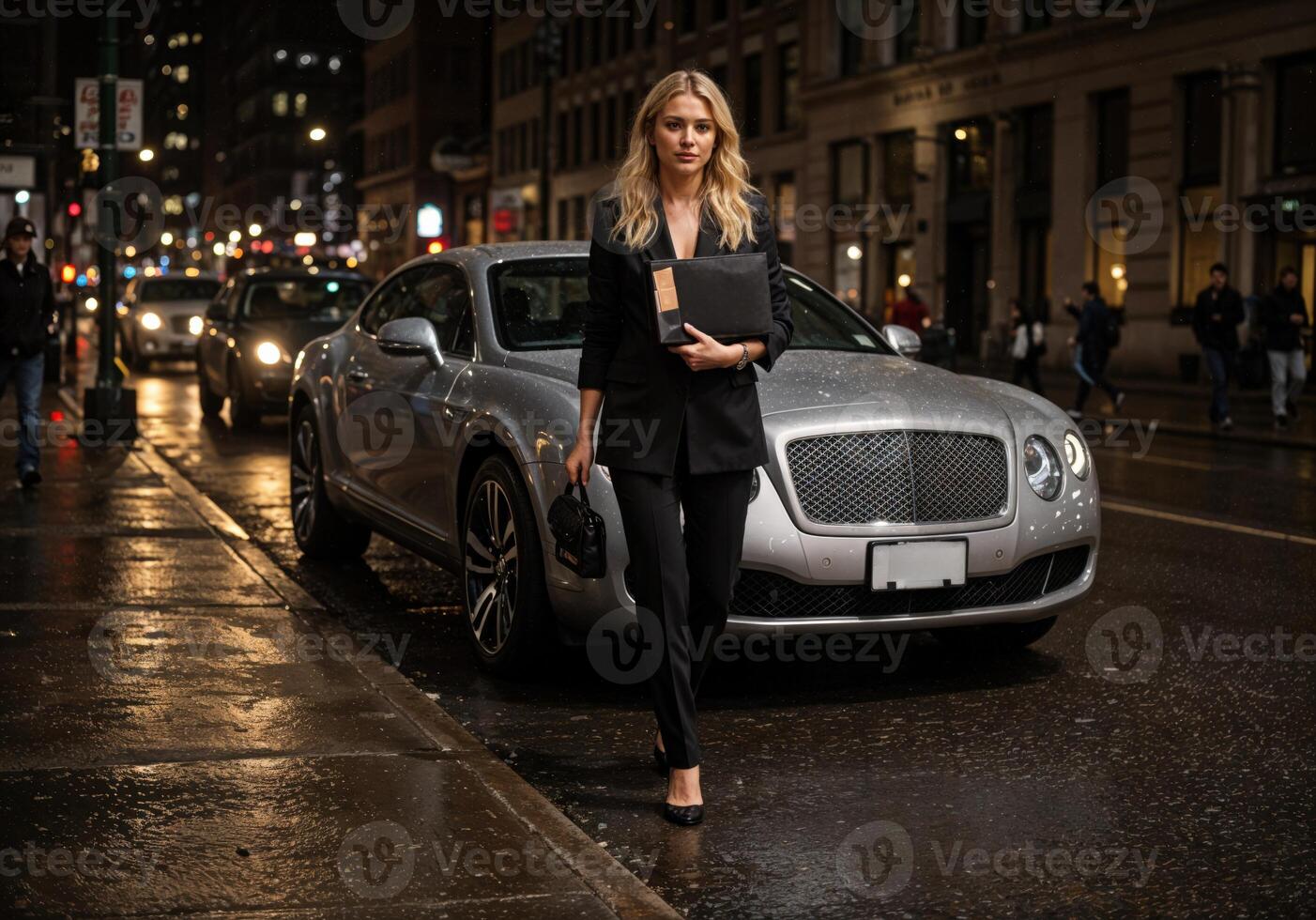 Beautiful business woman in a black suit with a laptop in the city at night. Businesswoman in the City photo