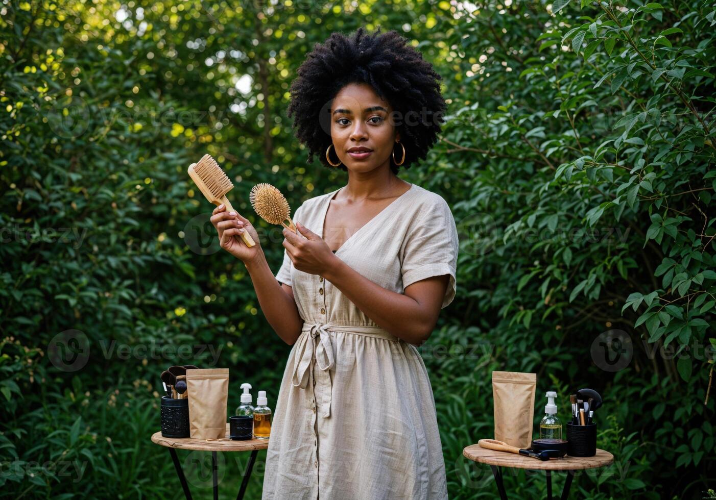 Beautiful african american woman applying hair care products in the garden. Natural Hair Care Routine photo