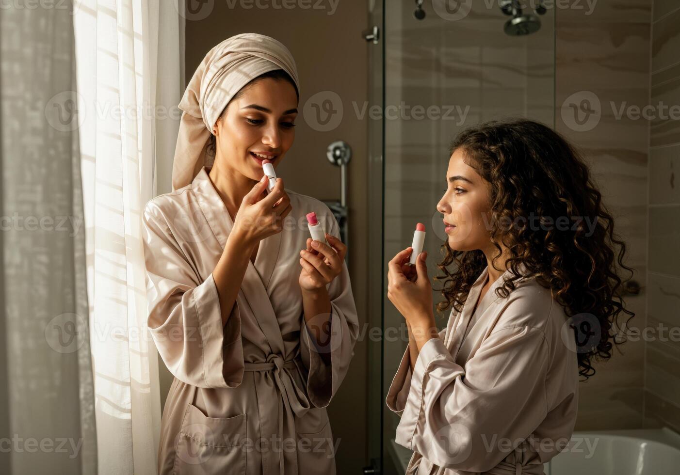 Beautiful young woman in bathrobe applying lip balm in bathroom. Mommy and Me Makeup Time photo