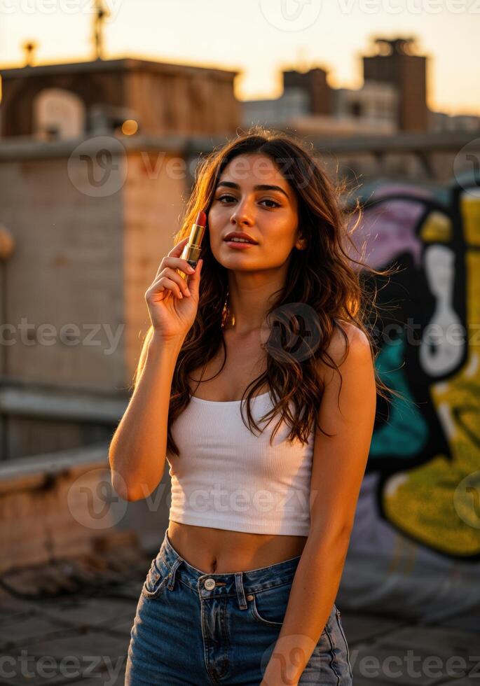 Beautiful girl with long brown hair in a white T-shirt on the background of graffiti. Sunset Rooftop Portrait photo