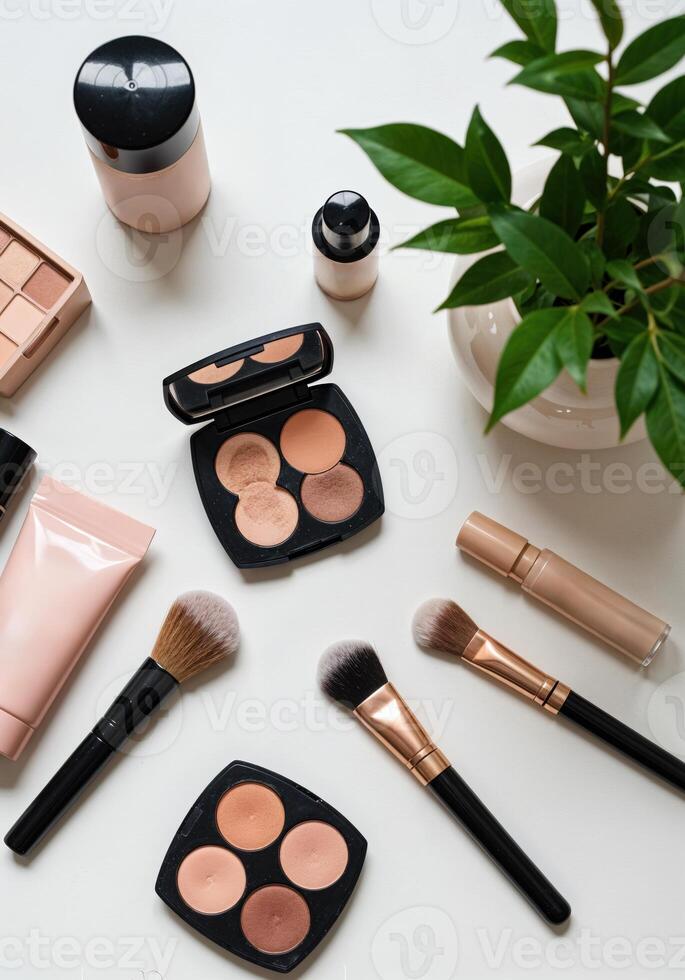 various makeup products laid out on a white surface. Makeup Essentials photo