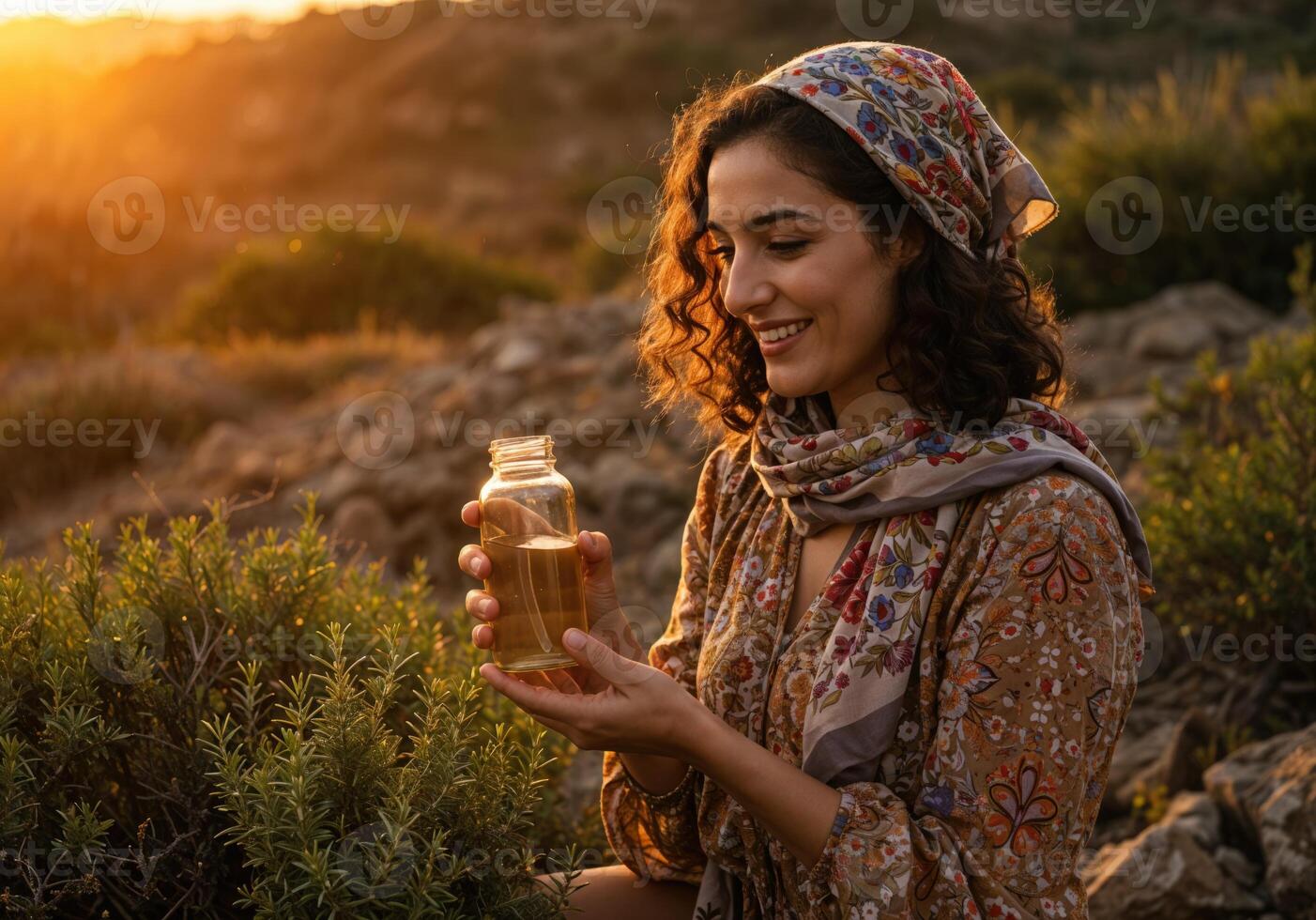 a woman holding a bottle of oil in the sun. Woman harvesting toner at sunset photo