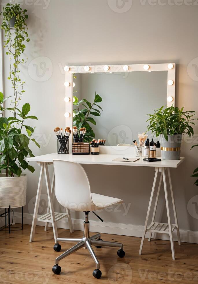 Interior of modern home office with white chair, table and mirror. Modern Makeup Vanity Setup photo