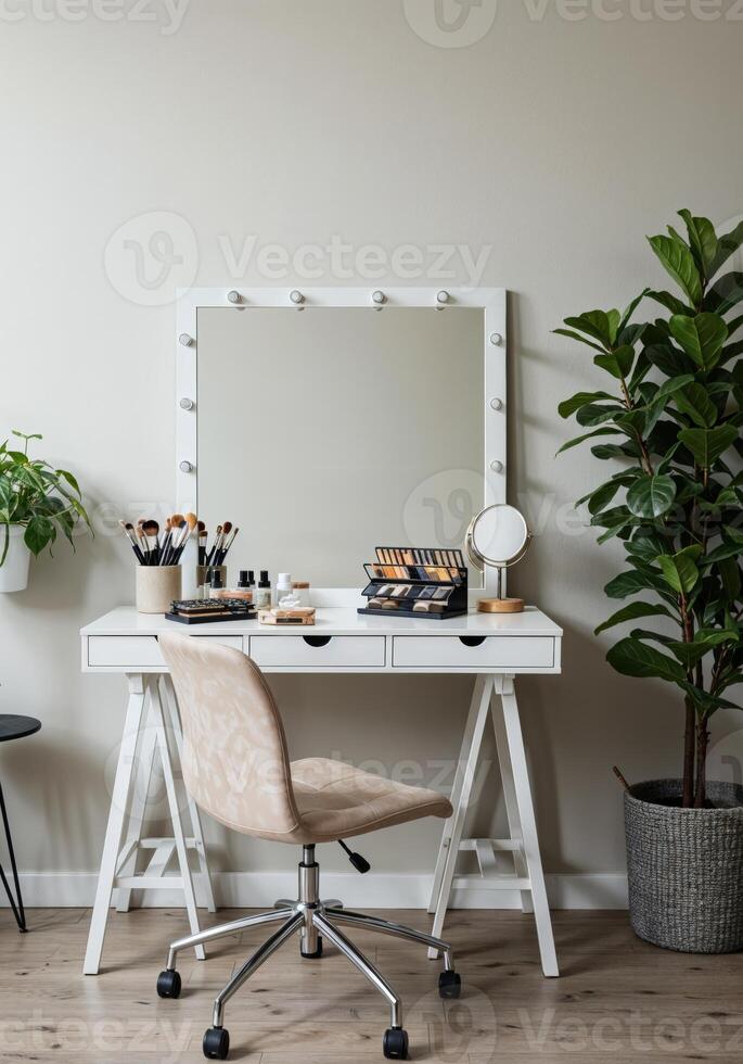 Interior of modern dressing room with armchair, makeup brushes and mirror. Modern Makeup Vanity Setup photo