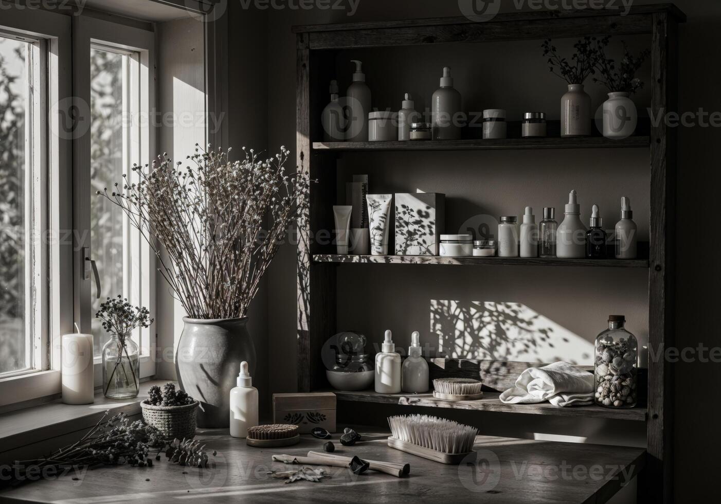 Interior of a beauty salon. Workplace of the florist. Rustic Handmade Beauty Products photo