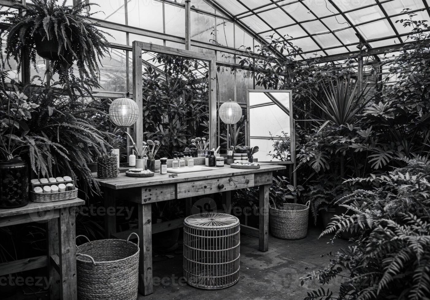 Black and white image of the interior of a greenhouse with plants. Greenhouse Vanity photo