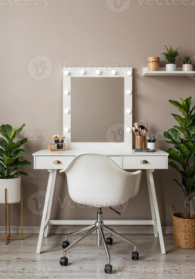 Interior of modern dressing room with white chair, mirror and plants. Modern Makeup Vanity Set photo