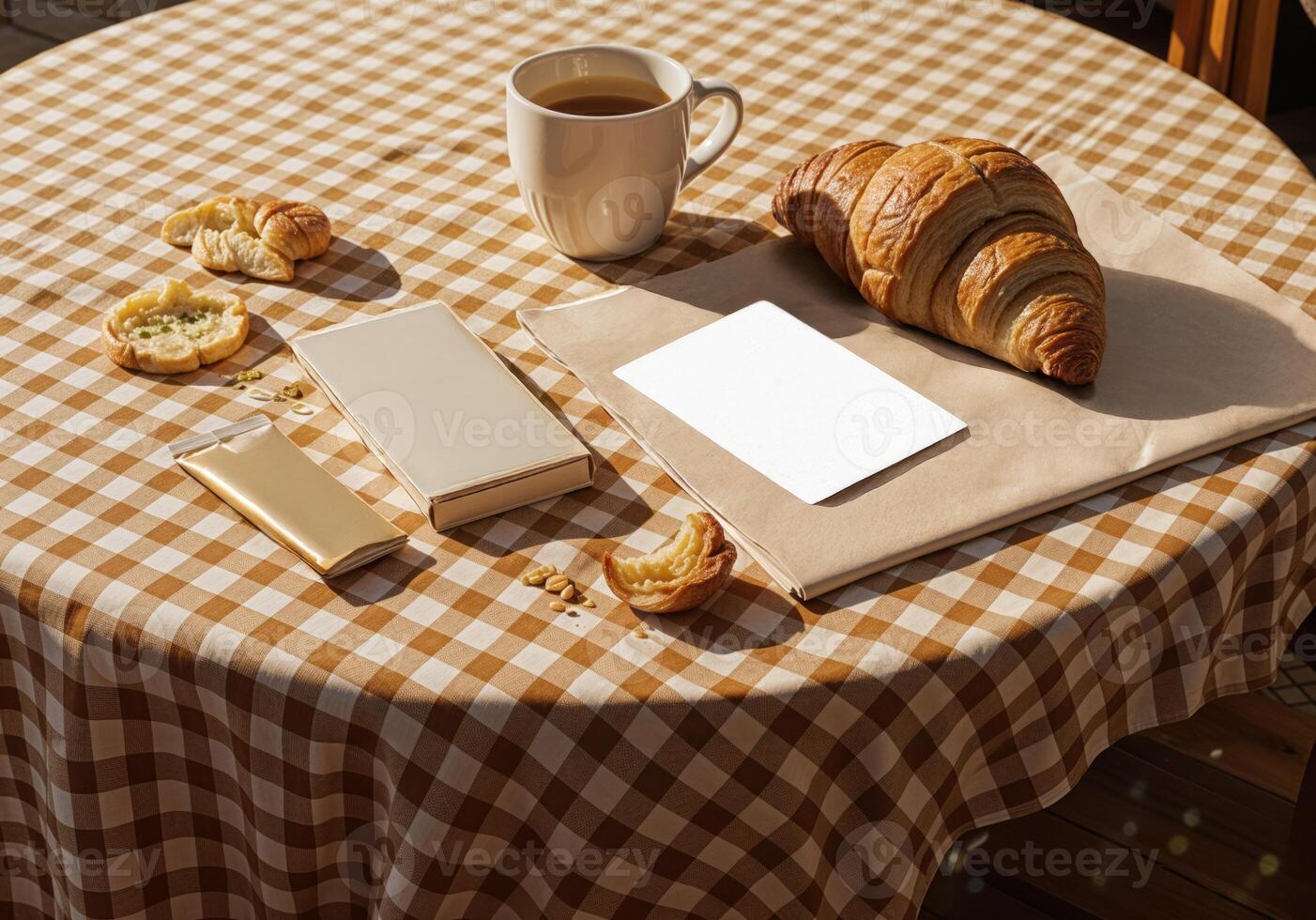 Breakfast with coffee and croissants on a tablecloth. Breakfast Mockup photo