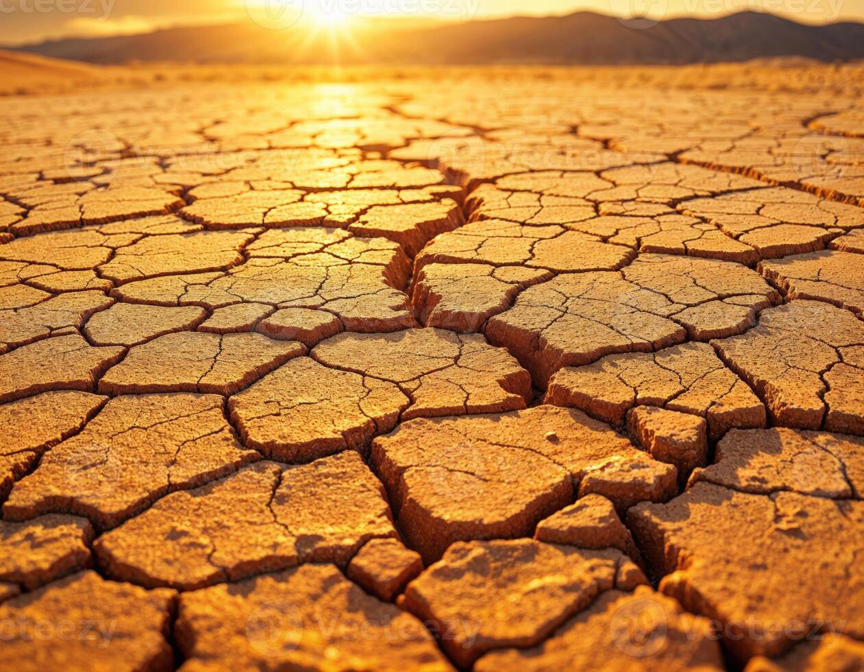 the sun is setting over a dry desert with cracked ground. Cracked Earth at Sunset photo
