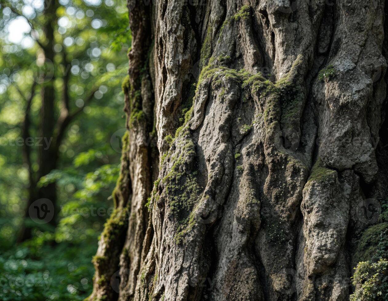 Old tree trunk with green moss on it in the forest, nature background. Tree Bark Texture photo